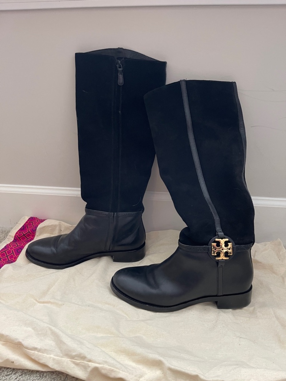 Tory Burch Black Leather & Suede Knee Boots with Gold Emblem
